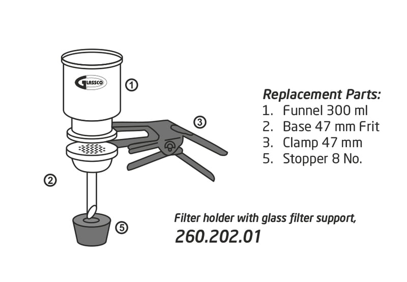Glass Filter Holder Assembly with Funnel, Glass Filter Support, Fritted Base, Stopper Clamp 47 mm GC