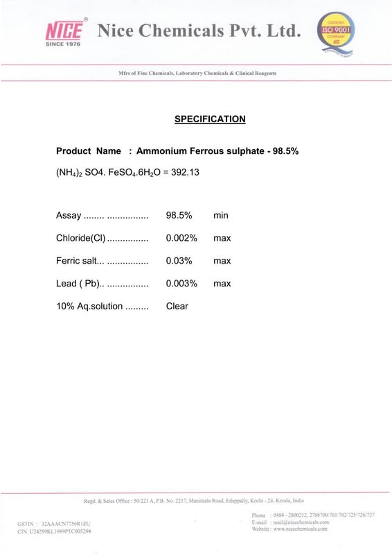 Ammonium Ferrous Sulphate 500gm (Ferrous Ammonium Sulphate) 98.5% NICE Ammonium Ferrous Sulphate 500gm (Ferrous Ammonium Sulphate) 98.5% NICE