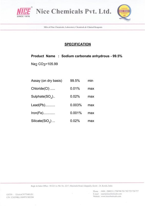 Sodium Carbonate Anhydrous 500gm 99.5% NICE Sodium Carbonate Anhydrous 500gm 99.5% NICE