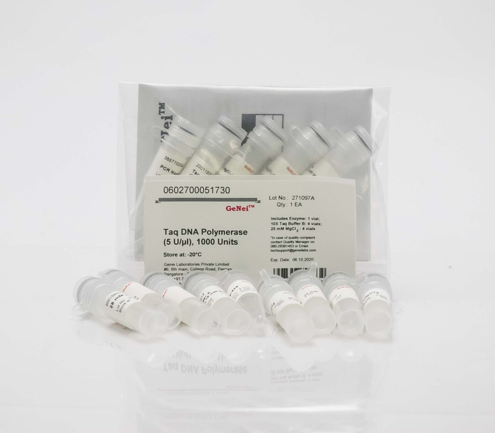 Taq DNA Polymerase (5 U/μl) (Includes Enzyme: 1 vial; 10X Taq Buffer B: 4 vials; 25 mM MgCl2: 4 vials), 1000Units GeNei Taq DNA Polymerase (5 U/μl) (Includes Enzyme: 1 vial; 10X Taq Buffer B: 4 vials; 25 mM MgCl2: 4 vials), 1000Units GeNei