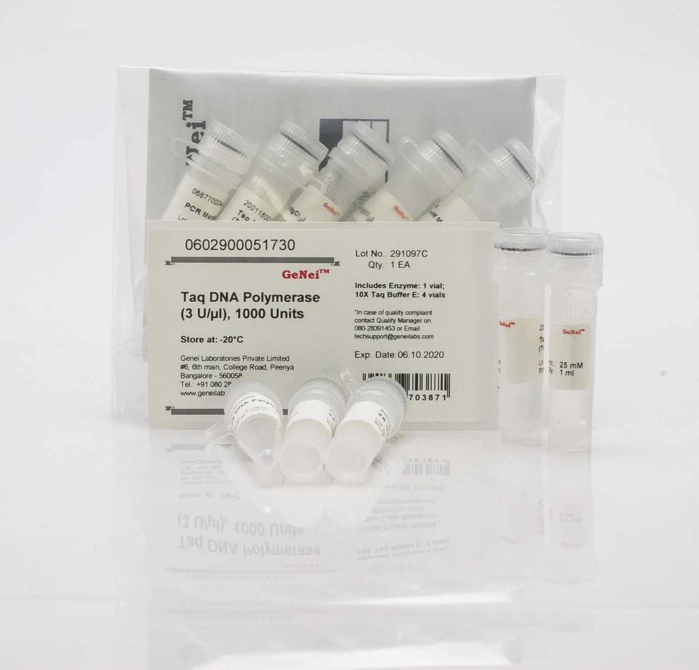 Taq DNA Polymerase (3 U/μl) (Includes Enzyme: 1 vial; 10X Taq Buffer E containing TritonX-100 and 15 mM MgCl2: 4 vials), 1000Units GeNei Taq DNA Polymerase (3 U/μl) (Includes Enzyme: 1 vial; 10X Taq Buffer E containing TritonX-100 and 15 mM MgCl2: 4 vials), 1000Units GeNei