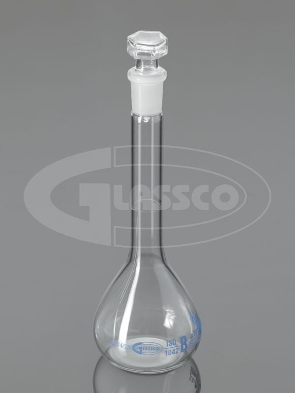 Volumetric Flask (Standard Flask) with Penny Head Glass & PE Stopper, Clear Glass, Class B, Calibrated at 27°C, GLASSCO Volumetric Flask (Standard Flask) with Penny Head Glass & PE Stopper, Clear Glass, Class B, Calibrated at 27°C, GLASSCO